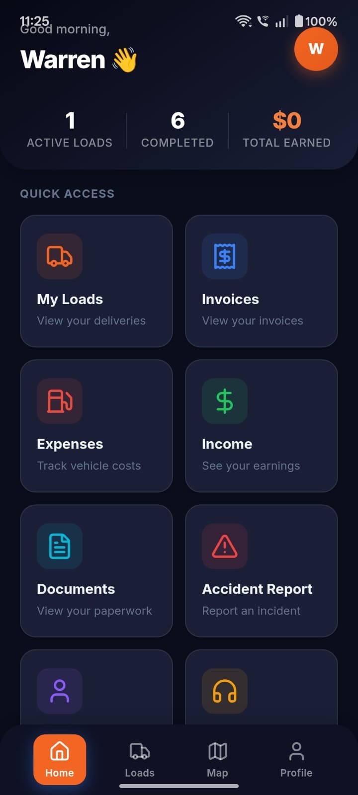 Batth62 Trucking home screen