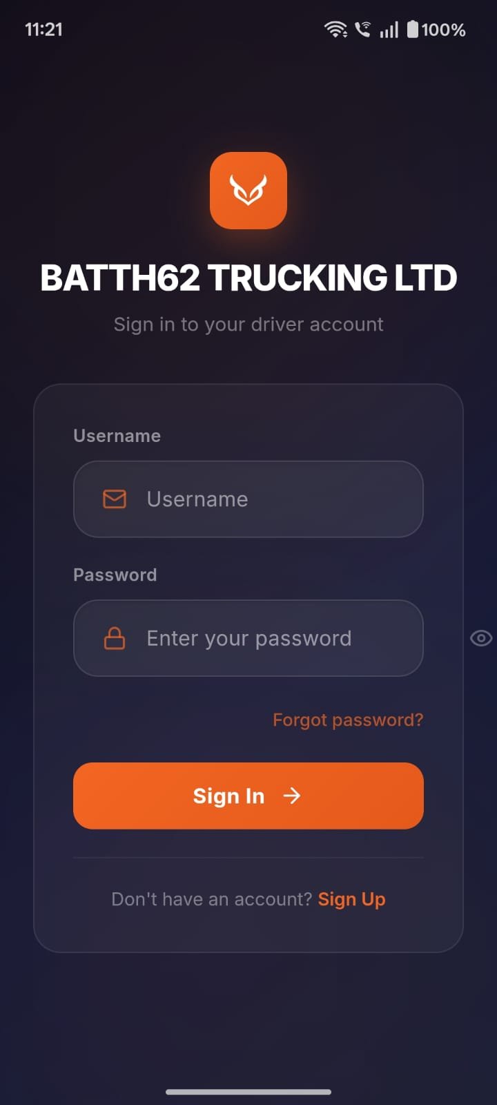 Batth62 Trucking login screen